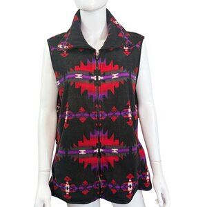 Chaps Sport Womens Sleeveless Fleece Vest Tribal Pattern Black Multicolor XL